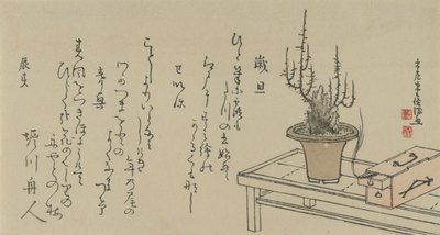 Bonsai-luumupuu penkillä ja laatikolla, 1796. tekijältä Kubo Shunman