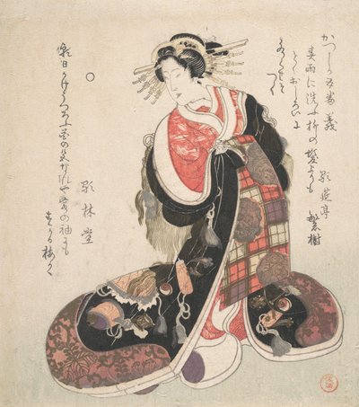 Courtesaani pukeutunut hienostuneeseen mekkoon, jossa on brodeerattu onnen merkkejä, n. 1800. tekijältä Kubo Shunman
