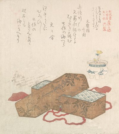Kirjelaatikko kirjeellä ja ruukkukukka, 1800-luku. tekijältä Kubo Shunman