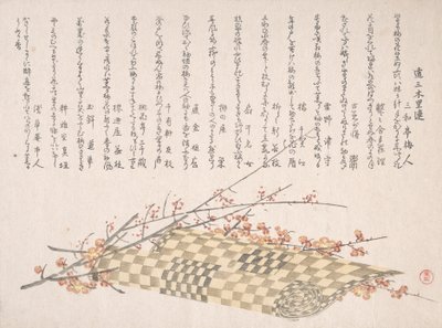 Luumunoksat kukilla ja kääritty matto, 1800-luku. tekijältä Kubo Shunman