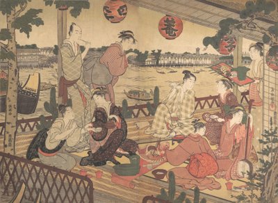 Kaksi nuorta miestä ja useita naisia syömässä teehuoneessa Sumida-joen rannalla, n. 1788. tekijältä Kubo Shunman