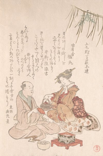Nainen viihdyttämässä vieraansa uudenvuodenviinillä, 1700-luvun loppu - 1800-luvun alku. tekijältä Kubo Shunman