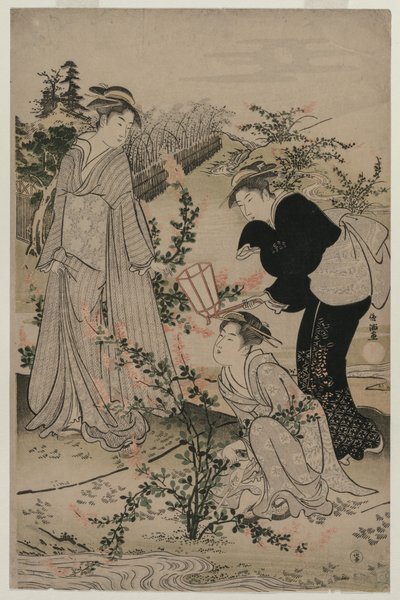 Naiset leikkaavat pensasapilan oksia Noji Tama -joesta Omin maakunnassa..., 1780-luvun lopulla. tekijältä Kubo Shunman