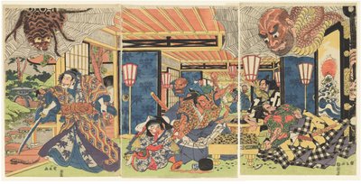 Minamoto no Yorimitsu ja hänen suojelijansa voittavat maapallon hämähäkin, n. 1804-1818 (puupiirros (nishiki-e); muste ja väri paperille). tekijältä Kuninaga Utagawa