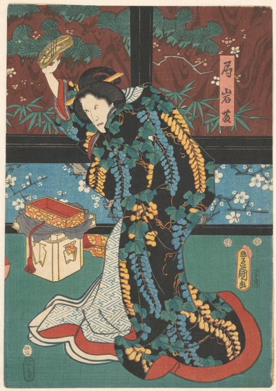 Kohtaus näytelmästä The Mirror Mountain Nainen odottamassa Iwafujia sandaali kädessään tekijältä Kunisada (I) , Utagawa