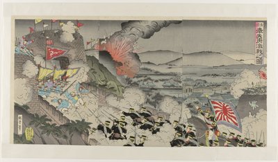 Kova taistelu Mukdenin maakunnassa Manchuriassa Shinkoku Hôtenfu suuteli no zua (otsikko esineessä) tekijältä Kunisada (III) , Utagawa