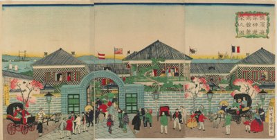 Kuva Nakadourin varrella sijaitsevien kauppalaitosten kukoistamisesta Yokohamassa, Meijin aikakaudella, 1870 (värillinen puupainatus) tekijältä Kuniteru II Utagawa