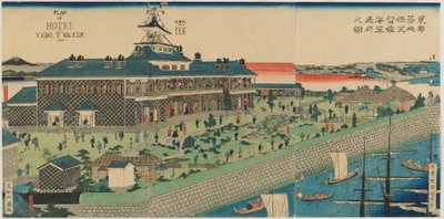 Tsukiji-hotellin merenrantapuutarha itäpääkaupungissa, Meijin aikakaudella, 1868 (värillinen puupainatus) tekijältä Kuniteru II Utagawa