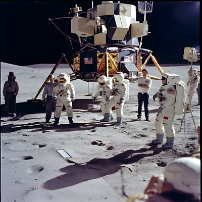 Ryhmä ihmisiä tv-kameran kanssa näyttämään väärennettyä Apollo 11 -projektia 1 tekijältä Kurt Heppke