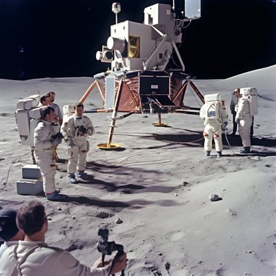 Ryhmä ihmisiä tv-kameran kanssa näyttämään Apollo 11 -projektin väärennöksiä 2 tekijältä Kurt Heppke