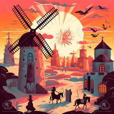 Tausta Don Quijote äärioikealla aasillaan, joka on niin pieni kuin varjo, tuulimyllyjen edessä, sopiva tausta 2 tekijältä Kurt Heppke