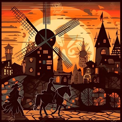 Tausta Don Quijote äärioikealla aasillaan kuin varjo, tuulimyllyjen edessä, sopiva tausta 4 tekijältä Kurt Heppke