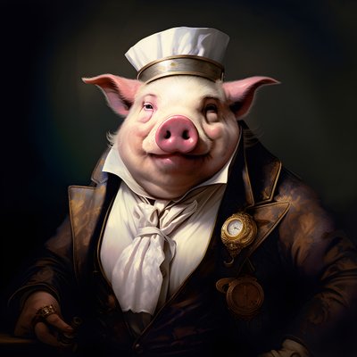 Kylmä ja dominoiva antropomorfinen sikaviljelmän omistaja, lävistävät silmät, lihava pullea vartalo, sikari kädessä, hieno tyylikäs etelänvalkoinen puku ja liivi, taskukello ketjussa, monokkeli, valkoinen huopahattu, lähikuva tekijältä Kurt Heppke