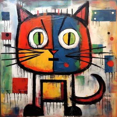 Söpö kissa Picasson, Joan Miron ja Basquiat 2:n tyyliin tekijältä Kurt Heppke