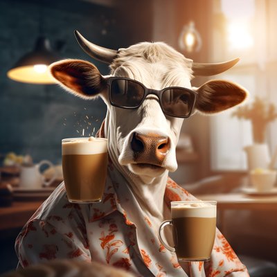 Lehmä aurinkolasit katsomassa kylmää kahvia 1 tekijältä Kurt Heppke