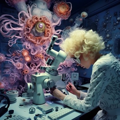 Superresoluutioinen elektronimikroskooppikuva naisesta David LaChapelle 1:n taiteelliseen tyyliin tekijältä Kurt Heppke