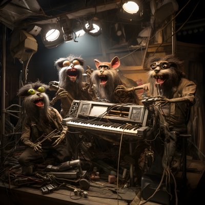 kammottava, karvainen, rikkinäinen eläinanimatroniikka, joka esittää musiikkia lavalla 4 tekijältä Kurt Heppke