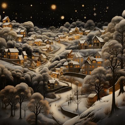 kylä yöllä lumien puiden alla 3 tekijältä Kurt Heppke