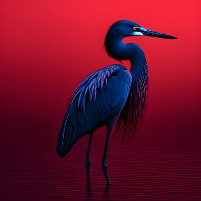 synthwave digitaalinen taideteos eksoottisesta koboltinsinisestä jalohaikarasta punaisella paperilla 3 tekijältä Kurt Heppke