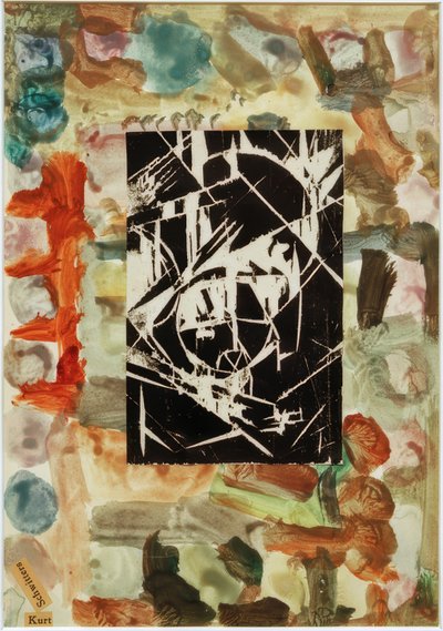 Nimetön (kollaasi puupiirroksella abstraktilla maalauksella) tekijältä Kurt Schwitters