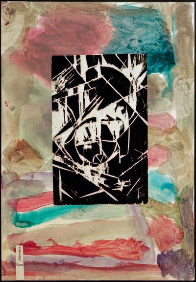 Nimetön (kollaasi puupiirroksella abstraktilla maalauksella) tekijältä Kurt Schwitters