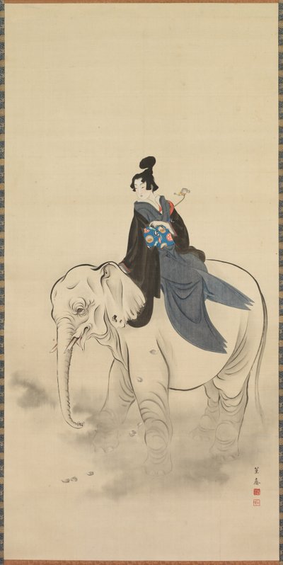 Kurtisaani ratsastaa norsulla Bodhisattva Fugenin parodia, 1800-luku. tekijältä Kuwagata Keisai