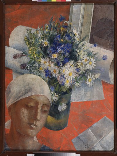 Kukkia ja naisen pää. Kuzma Sergeevich Petrov Vodkin (Petrov-Vodkin) (Kouzma Petrov Vodkin) (Petrov-Vodkin) (1878-1939), öljy kankaalle tekijältä Kuzma Sergeevich Petrov Vodkin