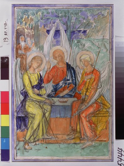 Pyhä kolminaisuus. Edustus kolmesta enkelistä, jotka ilmestyivät Abrahamille lähellä Chene de Mambrea. Kuzma Sergejevitš Petrov Vodkin (Petrov-Vodkin) (Kouzma Petrov Vodkin) (Petrov-Vodkin) (1878-1939) työ, akvarelli paperille tekijältä Kuzma Sergeevich Petrov Vodkin