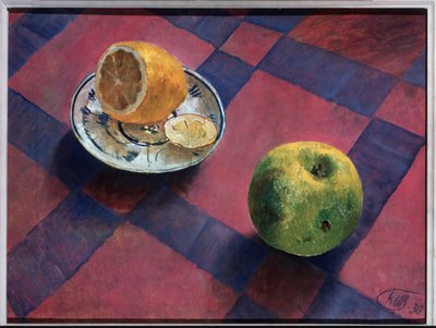 Omena ja sitruuna. (omena ja sitruuna). Kuzma Sergeevich Petrov Vodkin (Petrov-Vodkin) (Kouzma Petrov Vodkin) (Petrov-Vodkin) (1878-1939), öljy kankaalle tekijältä Kuzma Sergeevich Petrov Vodkin