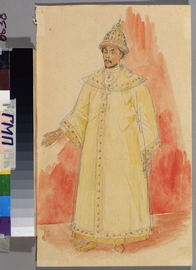 Pukuprojekti Modest Mussorgskin (1839-1881) oopperaan "Boris Godunov". Kuzma Sergejevitš Petrov Vodkin (Petrov-Vodkin) (Kouzma Petrov Vodkin) (Petrov-Vodkin) (1878-1939) työ, kynä ja akvarelli paperille tekijältä Kuzma Sergeevich Petrov Vodkin