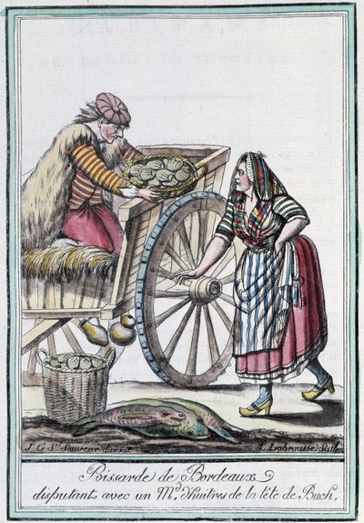 Poissarde de Bordeaux riitelee osterikauppiaan kanssa Buchin johdosta - J. Grasset St Sauveurin "" Matkailujen tietosanakirja" -julkaisussa Deron, Pariisi tekijältä L.F. Labrousse
