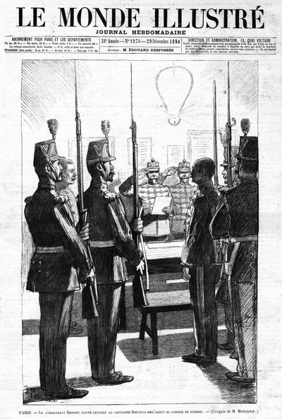 Komentaja luki kapteeni Alfred Dreyfusille sanan Sotaneuvoston pidätys Pariisista. Luonnos herra de Mouligniesta. "" Le Monde Illustré" -viikkolehdessä nro 1970, 29. joulukuuta 1894. tekijältä L. Moulignie