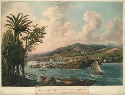 Port Antonio, teoksesta Six Views in the Island of Jamaica, litografia I. Merigot tekijältä L. (after) Bellenger