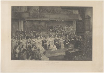 Alankomaiden kuningatar Wilhelminan ja Mecklenburgin herttua Hendrikin avioliiton juhlallinen siunaus Haagissa 7. helmikuuta 1901 (otsikko esineessä) tekijältä L. Angerer