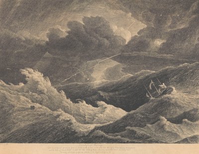 Vuonna 1804 tehdystä luonnoksesta, joka on tehty Madagaskarin ja Hyvän toivon niemimaan välisen myrskyn aikana, jossa intialainen Prince of Wales -alus oli täysin hukassa, noin 1804 (etsaus). tekijältä L. Hastings