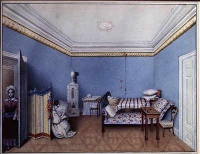 ""Makuuhuoneessa"" L. Hernin akvarelli (1800-luku) 1835 A. Pushkinin muistomuseo, Pietari tekijältä L. Hern