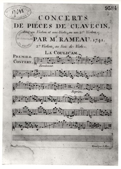 Jean-Philippe Rameaun (1683-1764) Concerts de Pieces de Clavecinin partituuritaulukko 1741 tekijältä L. Hue