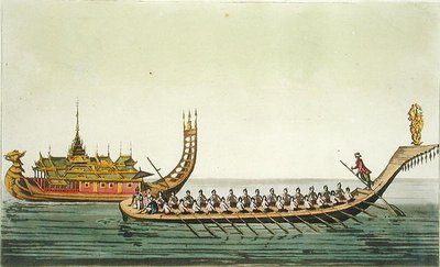 Burmalaiset laivat, kuvitus Giulio Ferrarion teoksesta "Le Costume Ancien et Moderne", julkaistu noin 1820-30-luvuilla (värillinen kaiverrus). tekijältä L. Rossi