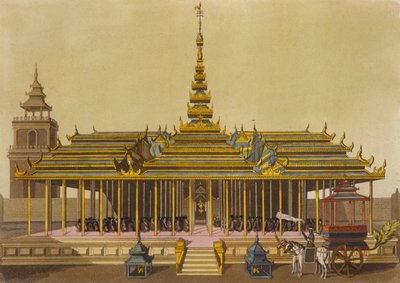 Siamin kuningas puhuttelee paviljongissaan hovimiehiä, Jules Ferrarion Le Costume Ancien et Modernen levy 69, kaiverrus Gaetano Zancon (1771-1816), julkaistu noin 1820-30-luvulla tekijältä L. Rossi