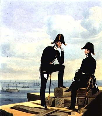 Mates, levy 12 teoksesta "Costume of the Royal Navy and Marines", kaiverrettu taiteilijoiden toimesta, noin 1830-37 (värilitografia). tekijältä L. and Eschauzier St. Mansion