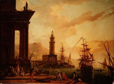 Välimeren sataman capriccio hollantilaisen fregatin ja muun laivaliikenteen kanssa tekijältä La Croix de Marseilles