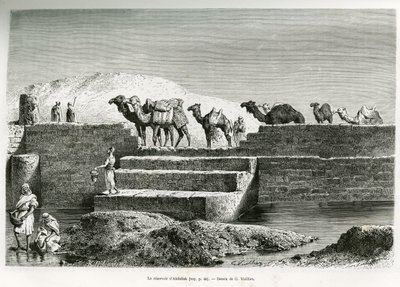 Abdullahin tekojärvi, Saudi-Arabia, kuvitus teoksesta "Pyhiinvaellus Nejdiin, arabirotujen kehtoon", julkaistu Edouard Chartonin (1807-1890) johtamassa World Tourissa 1882 (litho) tekijältä Lady Anne Blunt