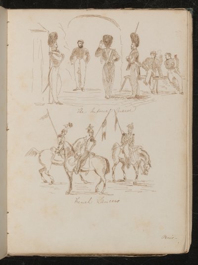 Tutkimuksia sotilaista, joihin on kirjoitettu "Keisarillinen vartija", sotilaista, joilla on liput hevosen selässä, kirjoitettu "French Lancers" tekijältä Lady Butler