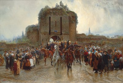 Eteen: Ranskan ratsuväki lähtee Bretonin kaupungista sodanjulistuksen yhteydessä, 1888-89 tekijältä Lady Butler