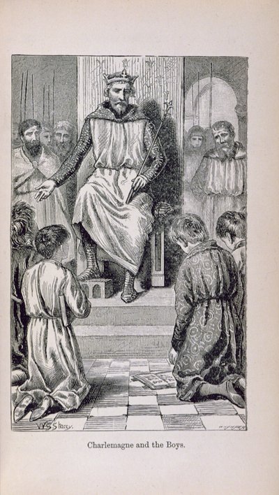 Charlemagne (742-814) ja pojat, kuvitus teoksesta "Pikku Arthurin Ranskan historia: Varhaisimmista ajoista toisen imperiumin kukistumiseen", julkaistu 1899 tekijältä Lady M. Chalcott