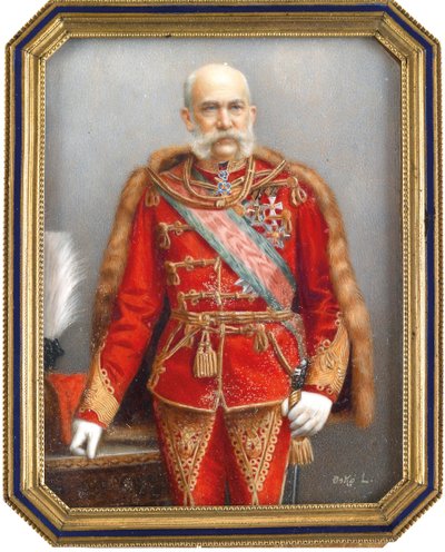 Itävallan Francois Joseph I:n (1830-1916) muotokuva unkarilaisessa univormussa. Lajos Oskon (1865-1922) työ, akvarelli ja guassi sarvessa. Unkarilainen taide, akateeminen taide. Yksityinen kokoelma. tekijältä Lajos Osko