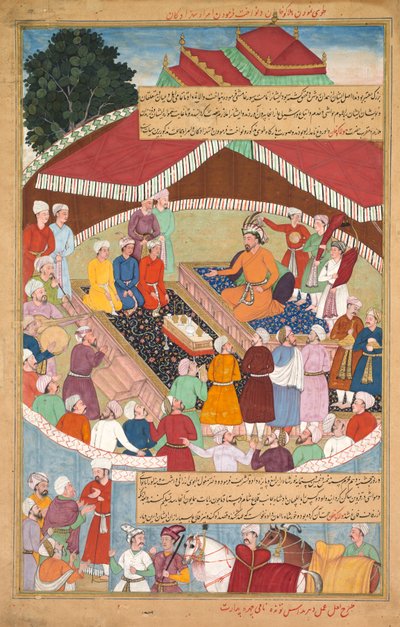 Hulagu Khan pitelee ja jakaa suosion amiireille ja ruhtinaille, Jami al-tavarikhin (Kroniikan kokoelma) Chingiz-namasta (Tšingiz Khanin kirja) tekijältä Lal