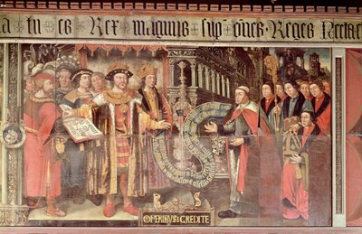 Piispa Robert Sherburne ja Henry VIII (1491-1547) n. 1508-36 (seinämaalaus) tekijältä Lambert Barnard