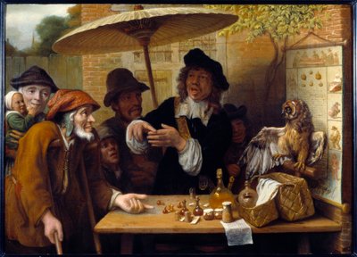 Charlataani. Traveller keskustelee huumeiden myymisestä julkisella aukiolla. Lambert Doomerin maalaus (1623-1700) tekijältä Lambert Doomer