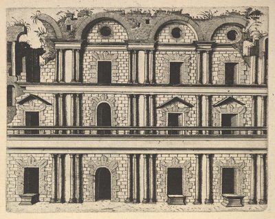 Palatsin julkisivun raunio [Palatium M. Agrippa] sarjasta Ruinarum variarum fabricaru..., 1554. tekijältä Lambert Suavius